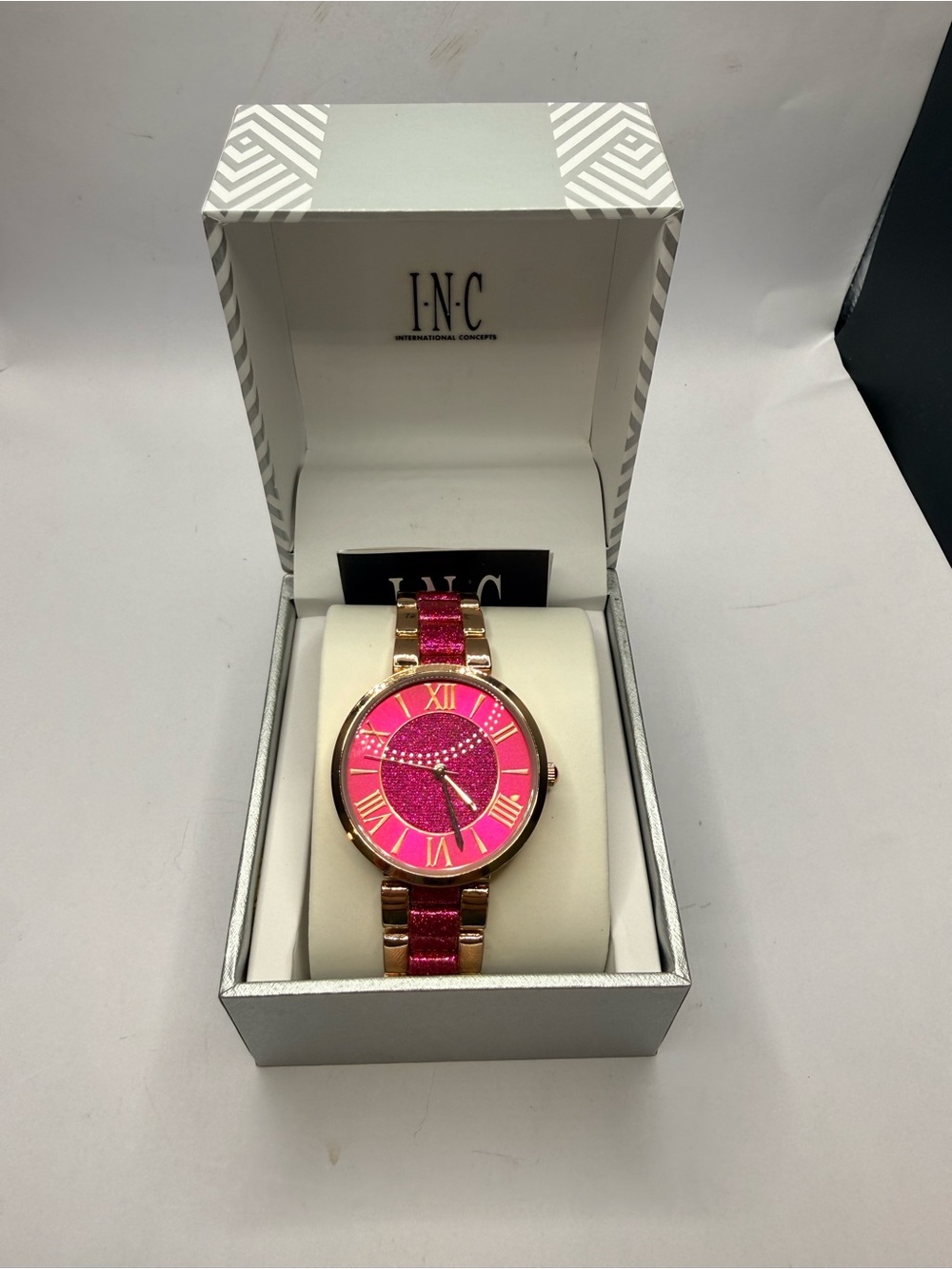 INC International Concepts Pink and Gold Glitter Bracelet Watch